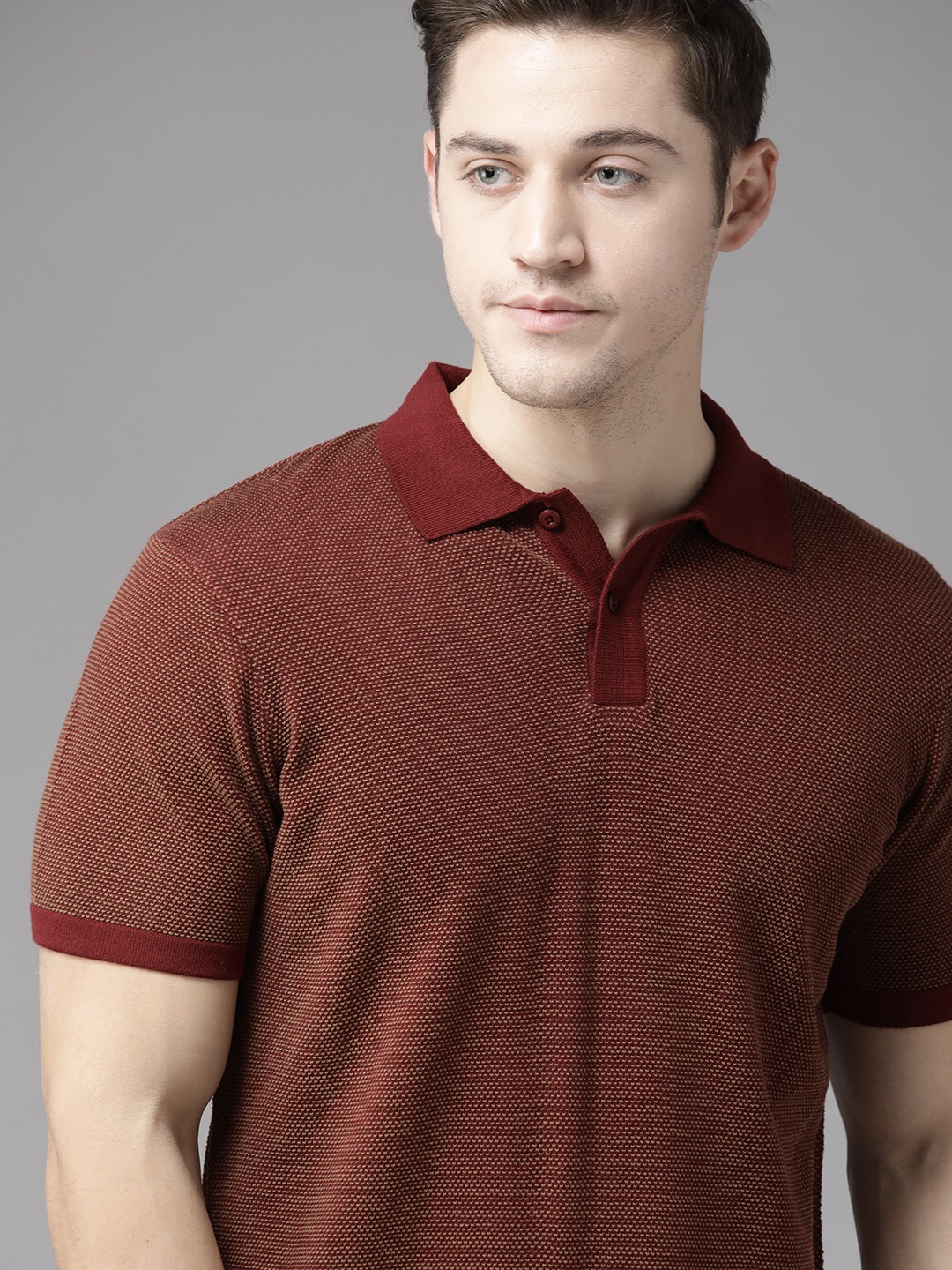 

Roadster Men Rust Brown Pure Cotton Self Design Polo Collar T-shirt