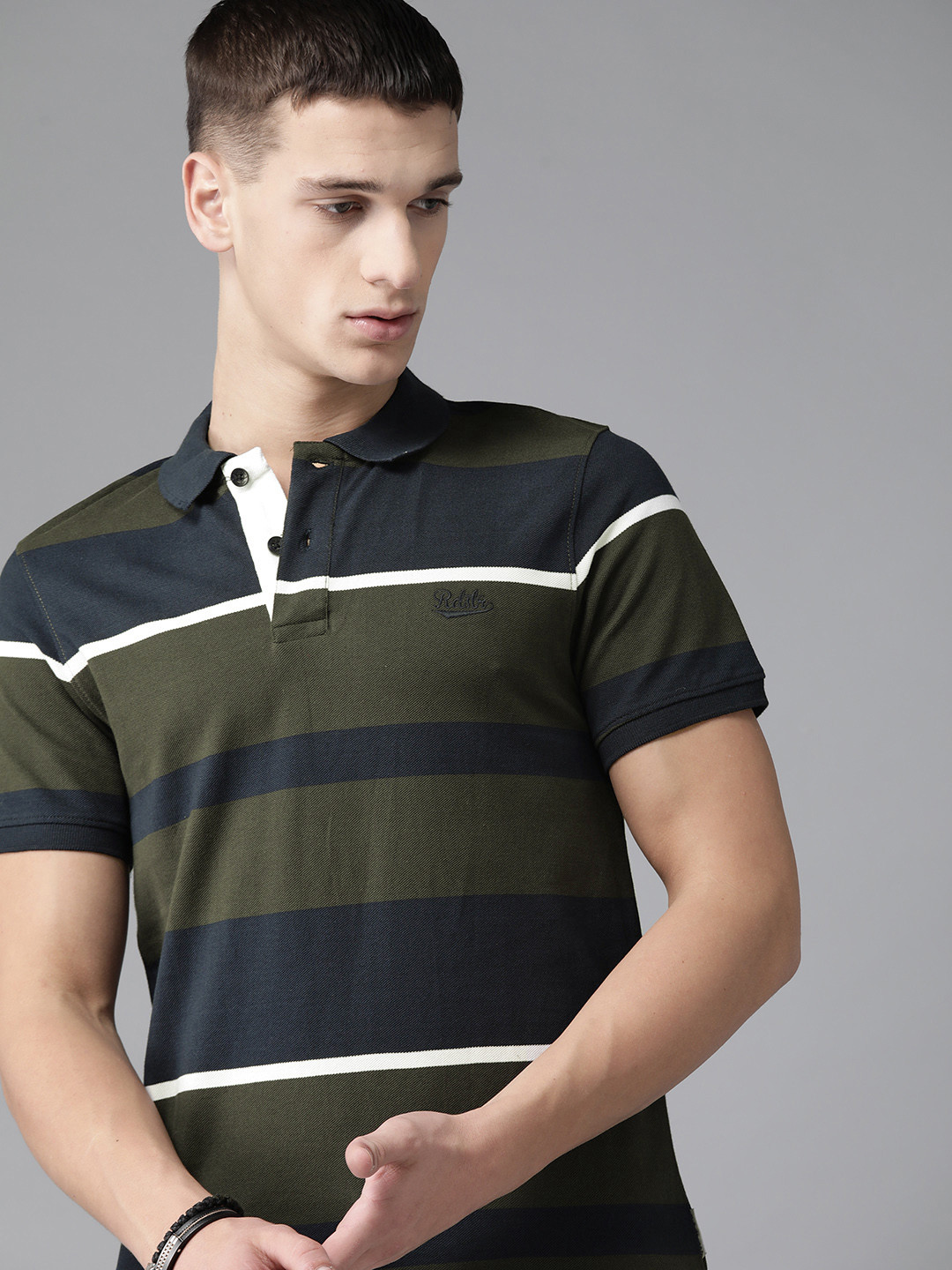 

Roadster Men Olive Green & Navy Blue Striped Pure Cotton Polo Collar T-shirt