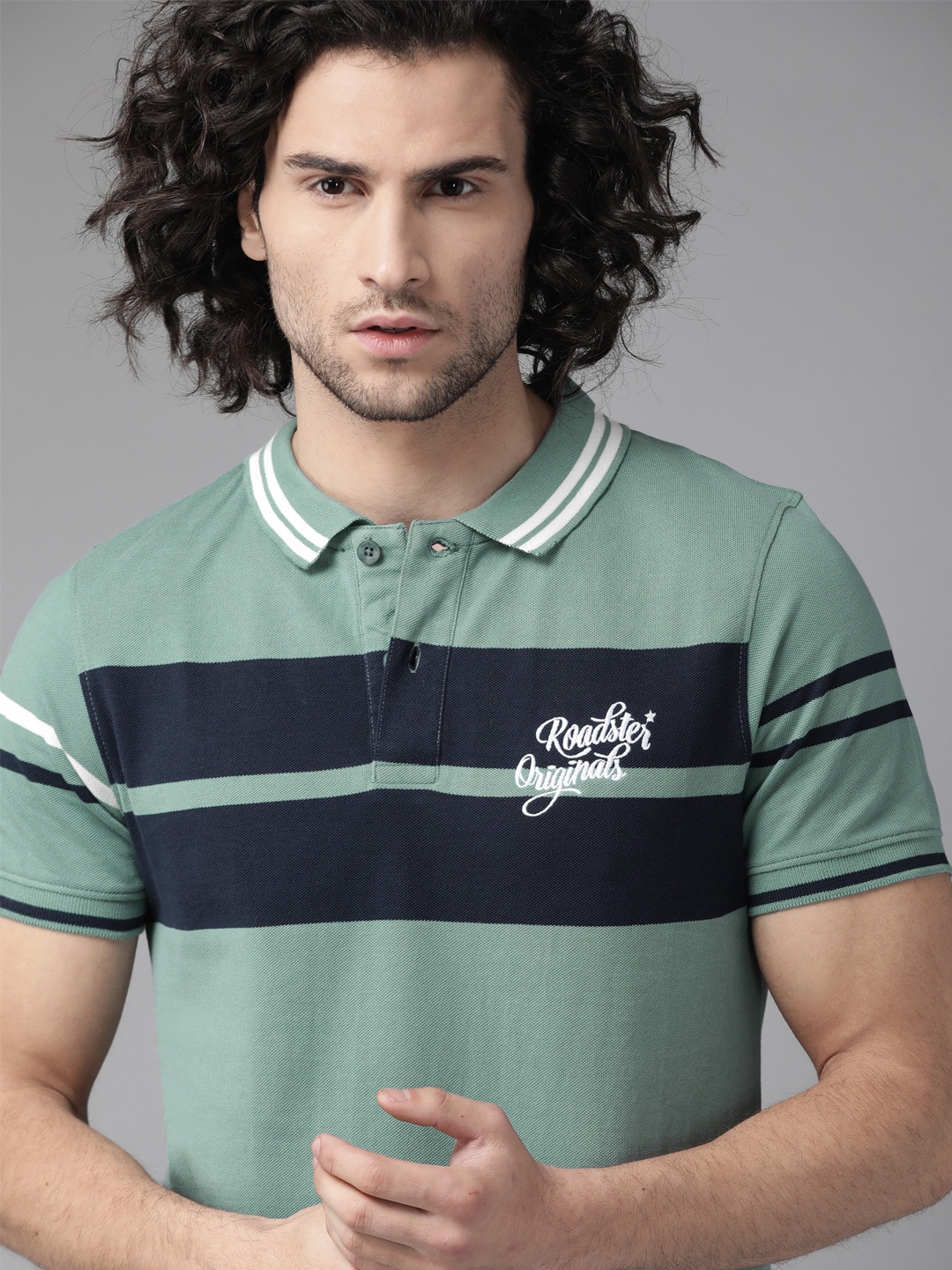 

Roadster Men Green & Navy Blue Striped Polo Collar T-shirt