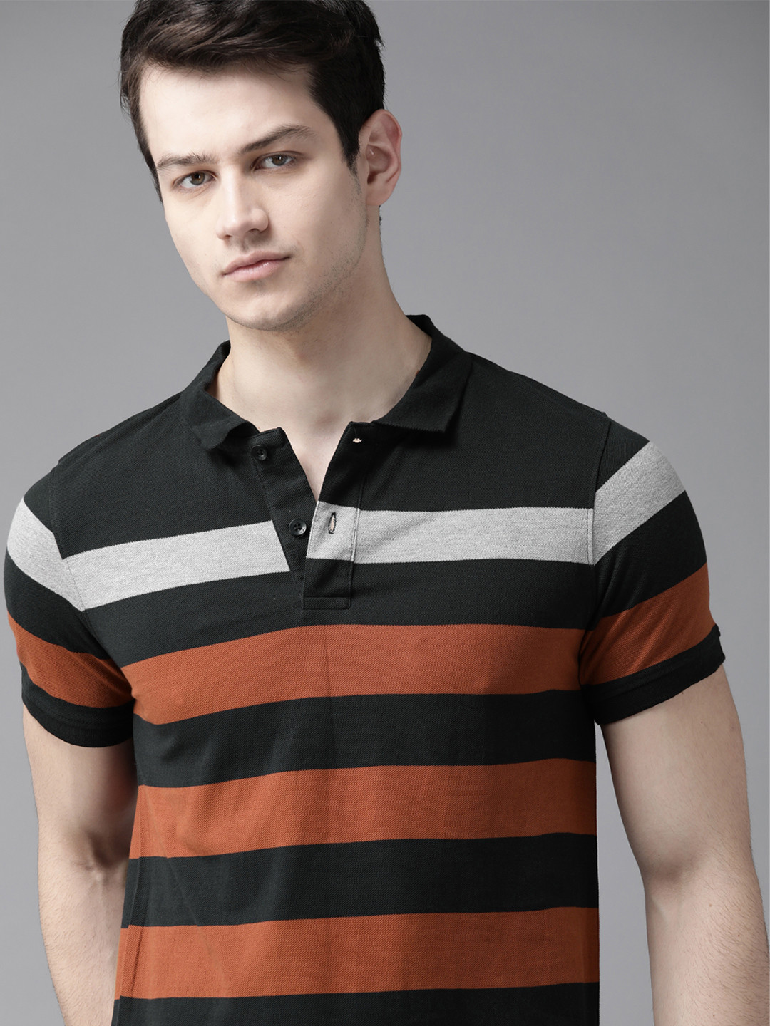 

Roadster Men Black & Rust Orange Striped Polo Collar T-shirt