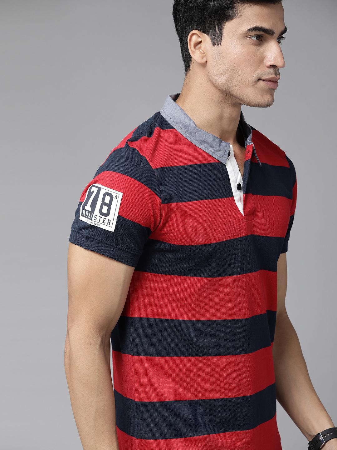 

Roadster Men Red & Navy Blue Pure Cotton Striped Polo Collar T-shirt