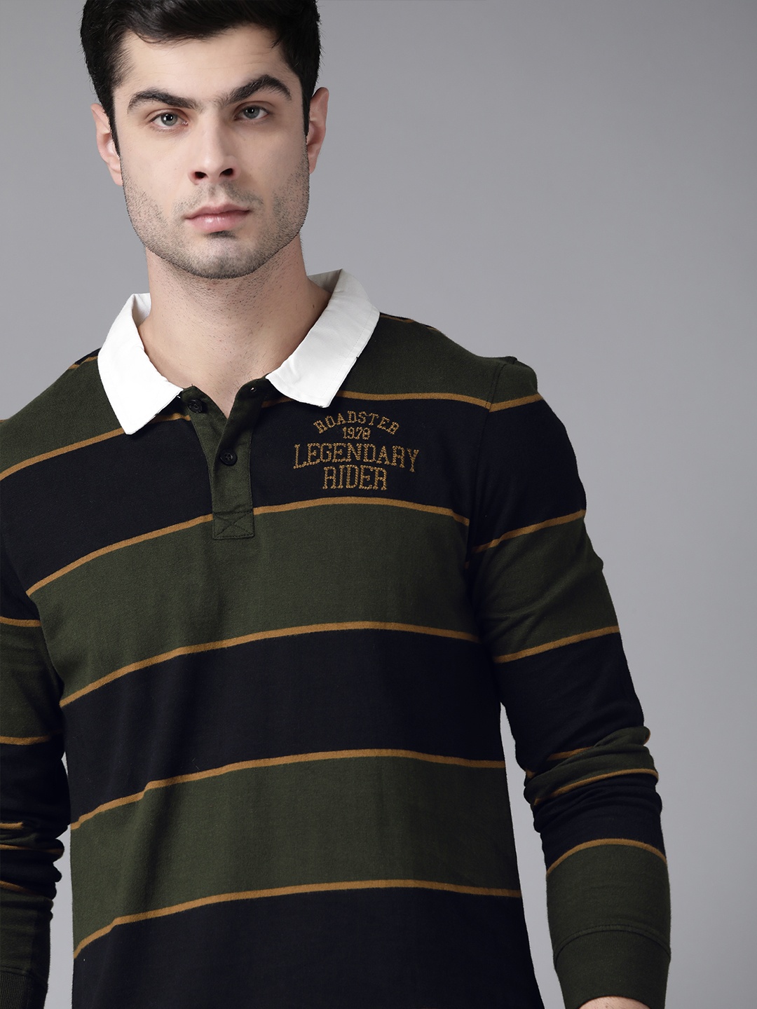 

Roadster Men Olive Green & Black Striped Polo Collar T-shirt
