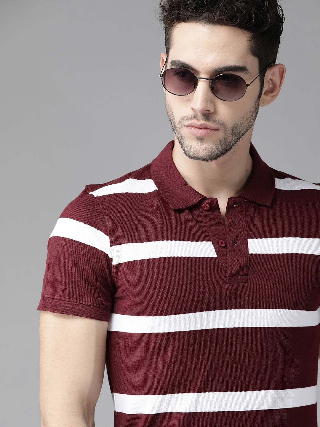 

Roadster Men Maroon White Pure Cotton Striped Polo Collar Pure Cotton T-shirt