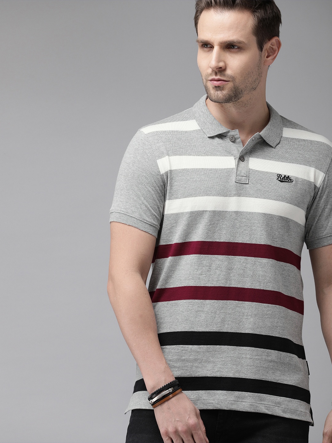 

Roadster Men Grey Melange Striped Polo Collar Pure Cotton T-shirt