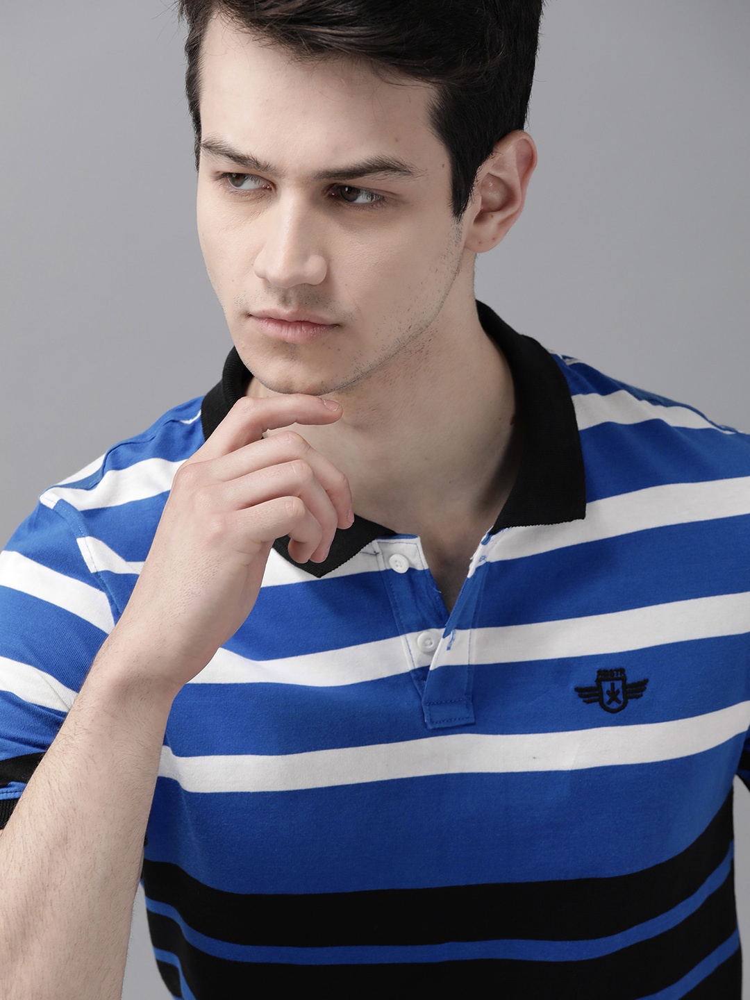 

Roadster Men Blue Black Pure Cotton Striped Polo Collar Pure Cotton T-shirt