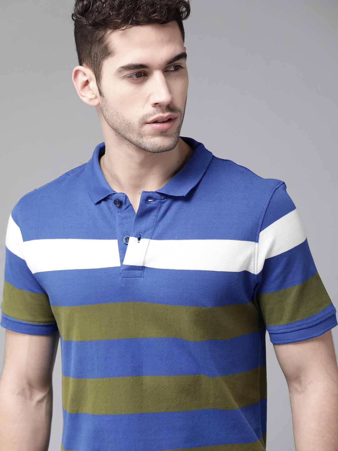 

Roadster Men Blue & Olive Green Striped Polo Collar T-shirt