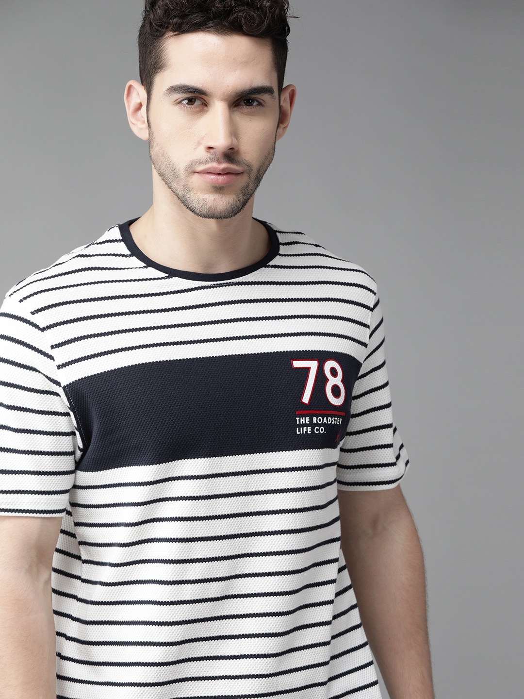 

Roadster Men White & Navy Blue Pure Cotton Striped Round Neck T-shirt