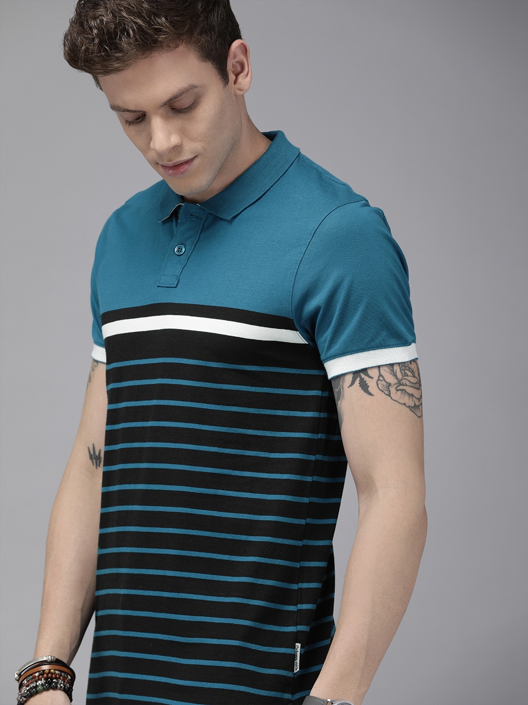 

Roadster Men Blue Black Striped Polo Collar Pure Cotton T-shirt