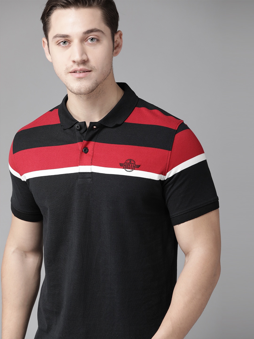 

Roadster Men Black & Red Colourblocked Polo Collar T-shirt
