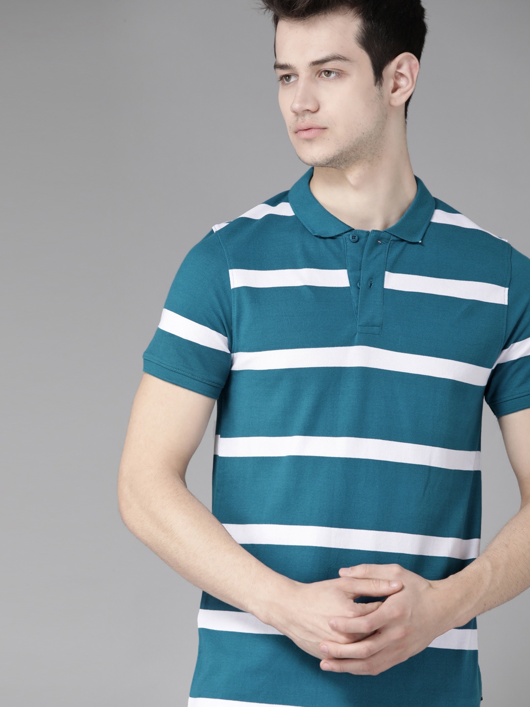 

Roadster Men Blue White Pure Cotton Striped Polo Collar Pure Cotton T-shirt