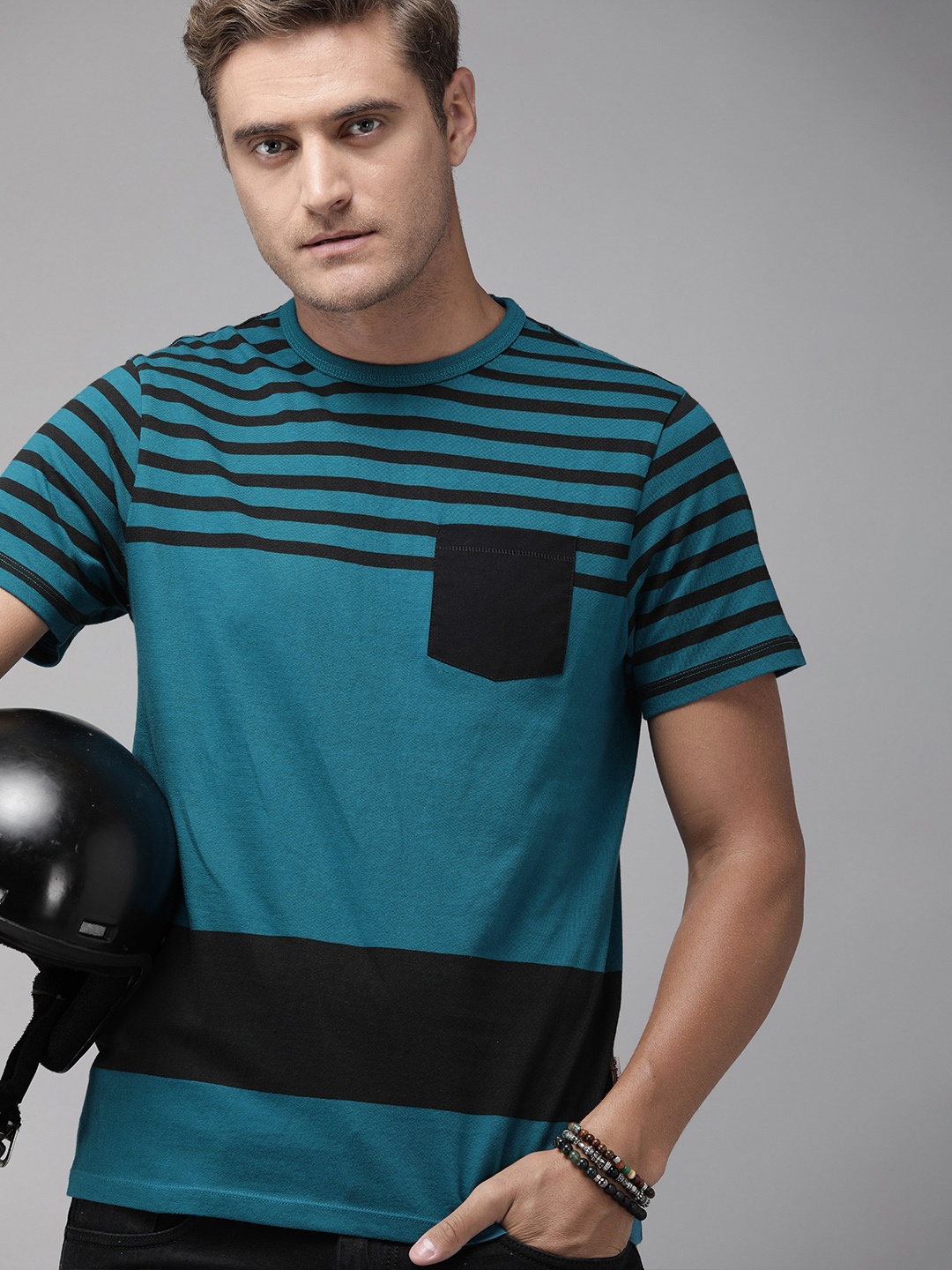 

Roadster Men Teal Blue Black Striped Round Neck Pure Cotton T-shirt