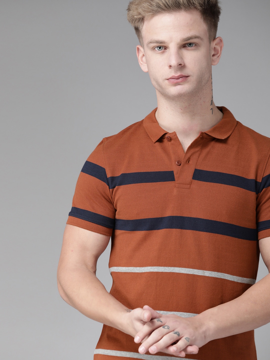 

Roadster Men Rust Orange & Navy Blue Striped Polo Collar T-shirt