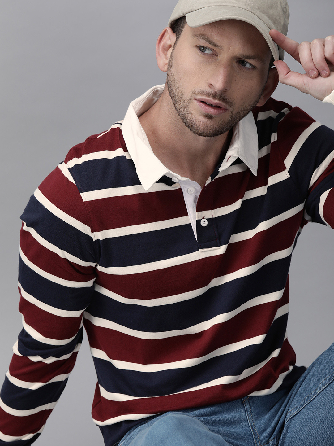 

Roadster Men Navy Blue Striped Polo Collar T-shirt