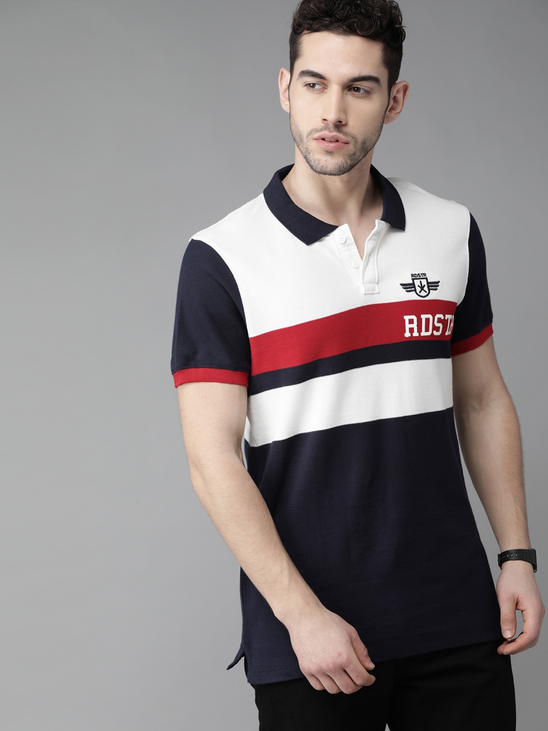 

Roadster Men White & Navy Blue Pure Cotton Striped Polo Collar T-shirt