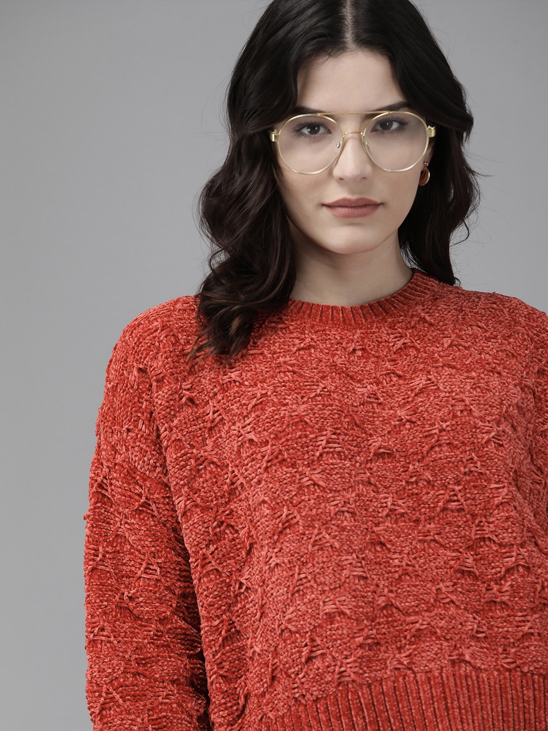 

Pepe Jeans Women Red Drop Shoulder Cable Knit Pullover