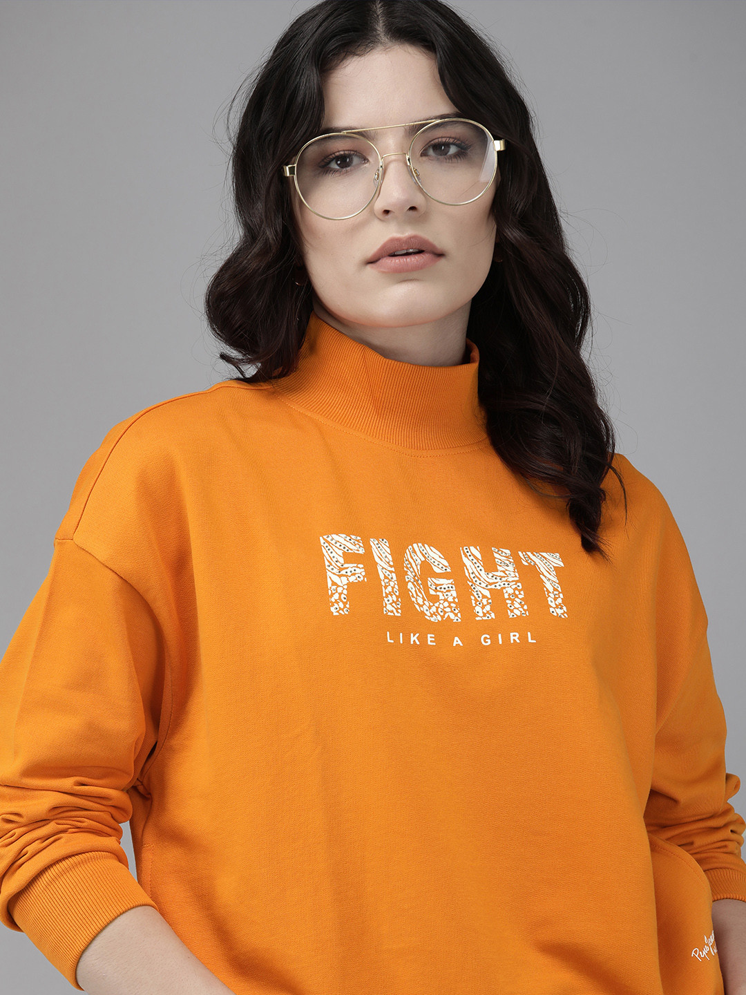 

Pepe Jeans Women Mustard Yellow Drop Shoulder High Neck Printed Sweatshirt