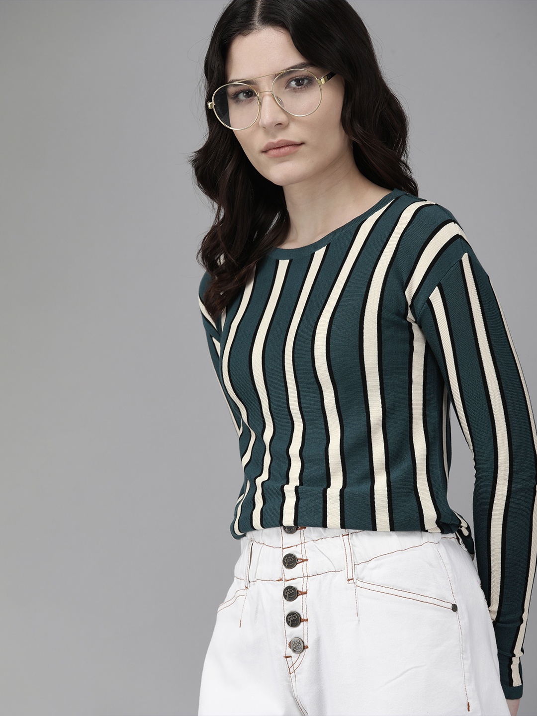 

Pepe Jeans Women Teal & White Striped Round-Neck Pullover Sweater