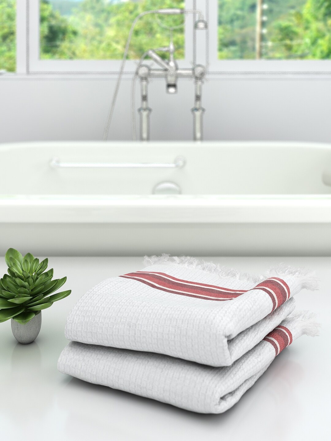 

Athom Trendz Unisex Set Of 2 White & Red Striped 210 GSM Bath Towels