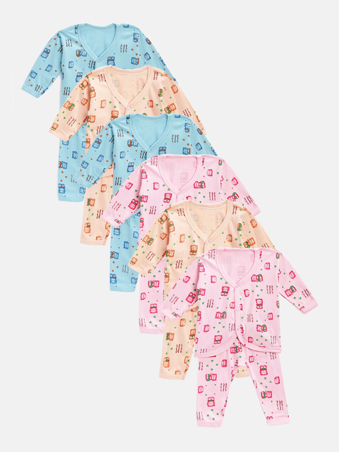 

MANZON Kids Pack of 6 Teddy Bear Print Jhabla with Pyjamas, Pink