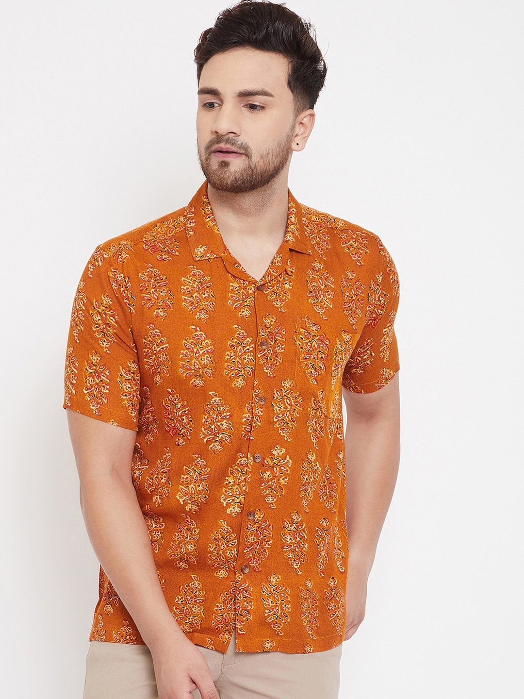 

even Men Orange Slim Fit Printed Casual Shirt