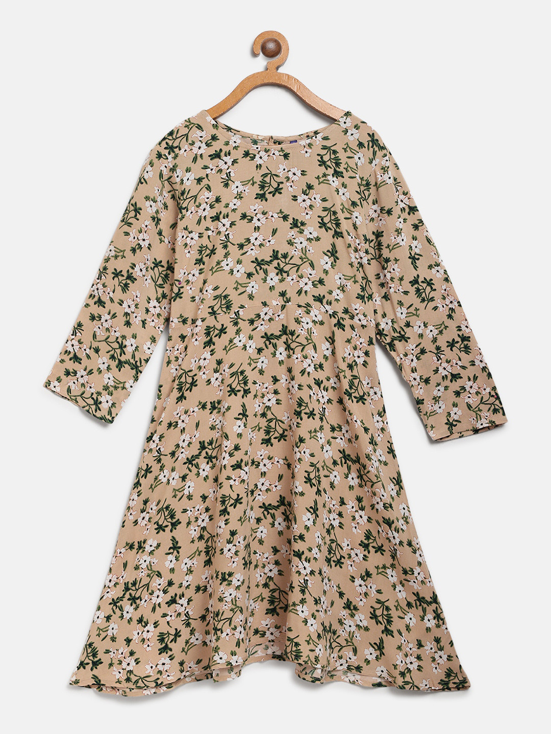 

YK Girls Beige & Green Floral Print A-Line Dress