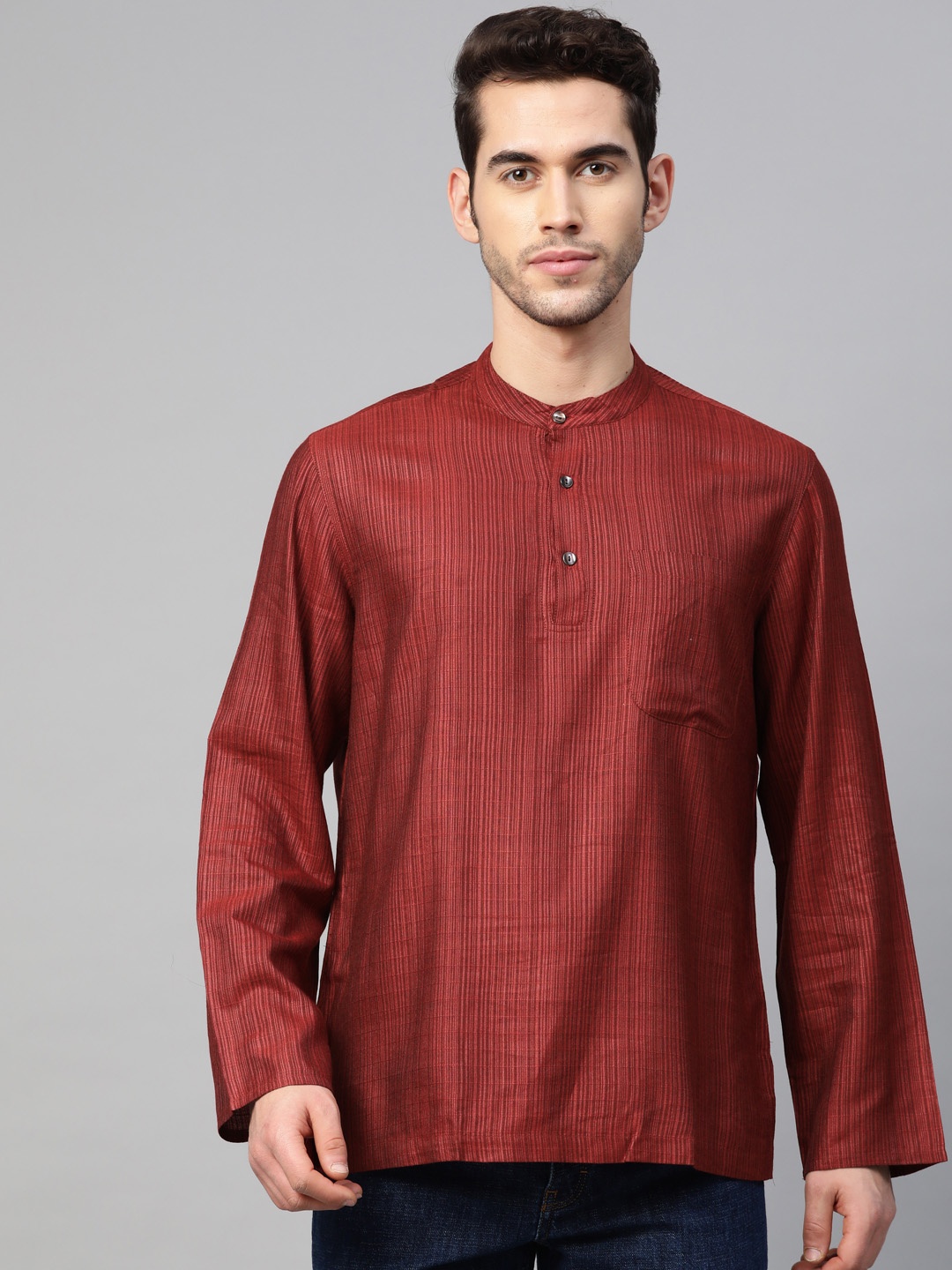 

Fabindia Men Red Self-Striped Straight Kurta
