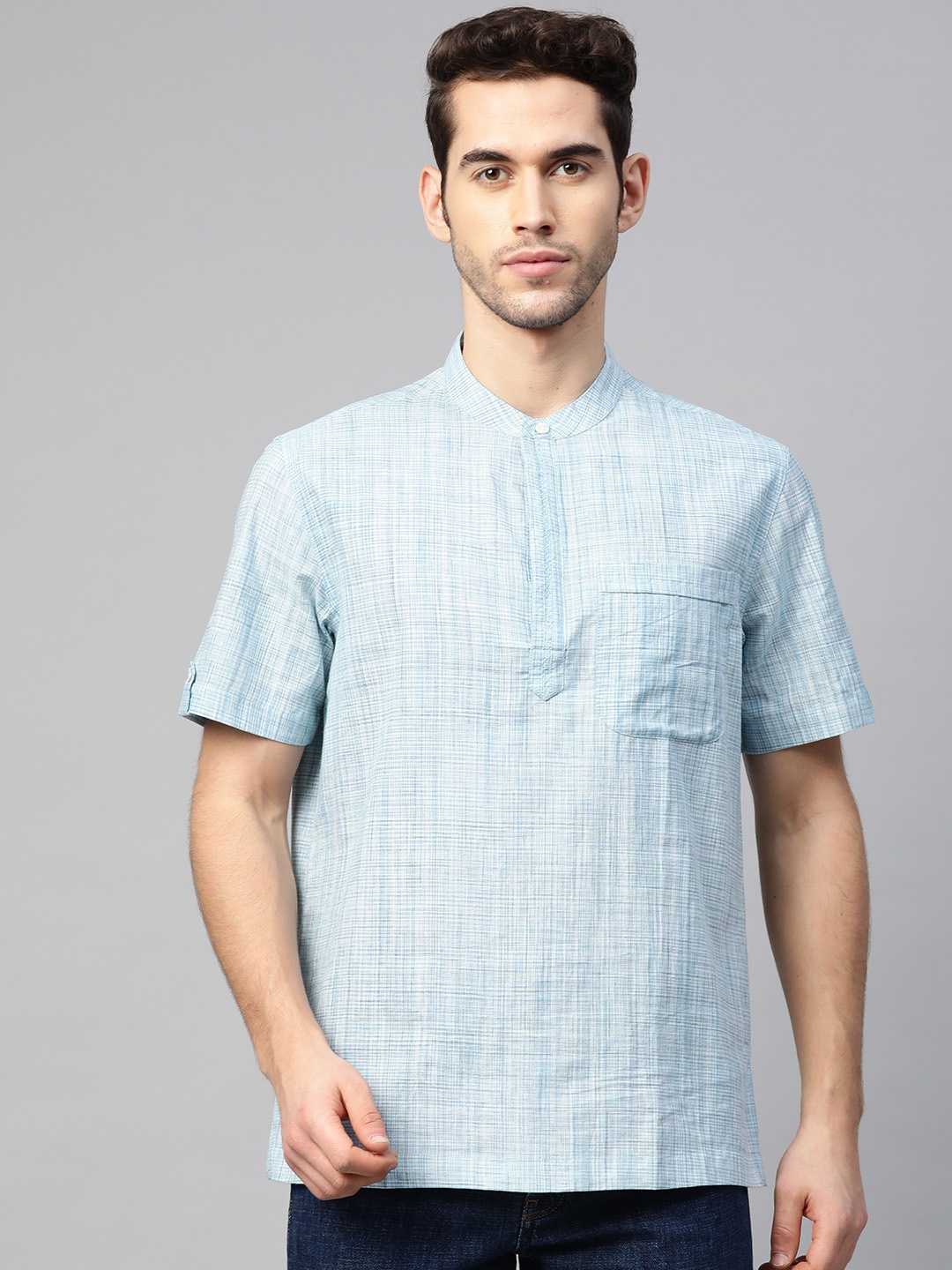 

Fabindia Men Blue & White Checked Straight Kurta