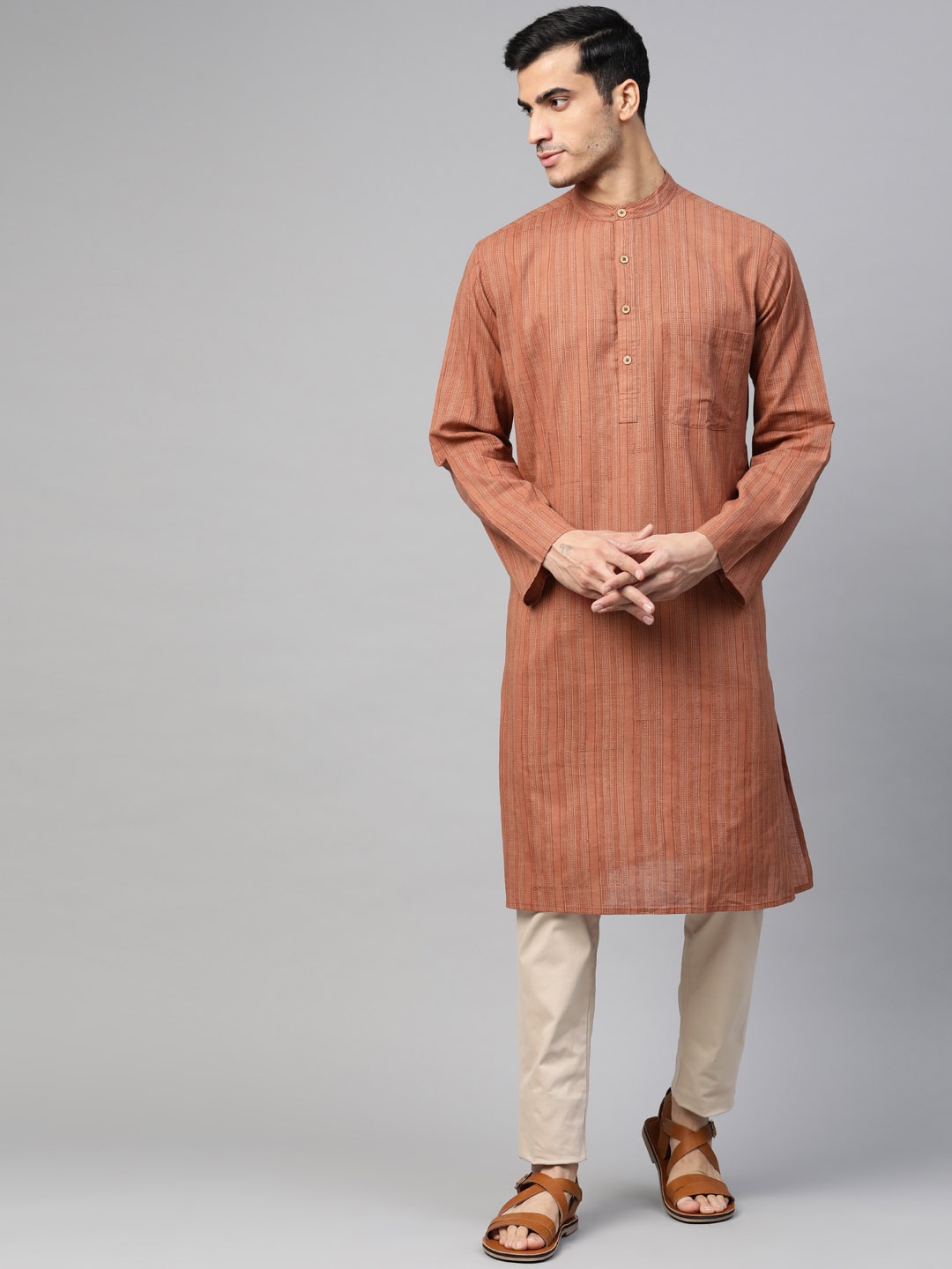

Fabindia Men Rust Orange Handblock Print Straight Kurta