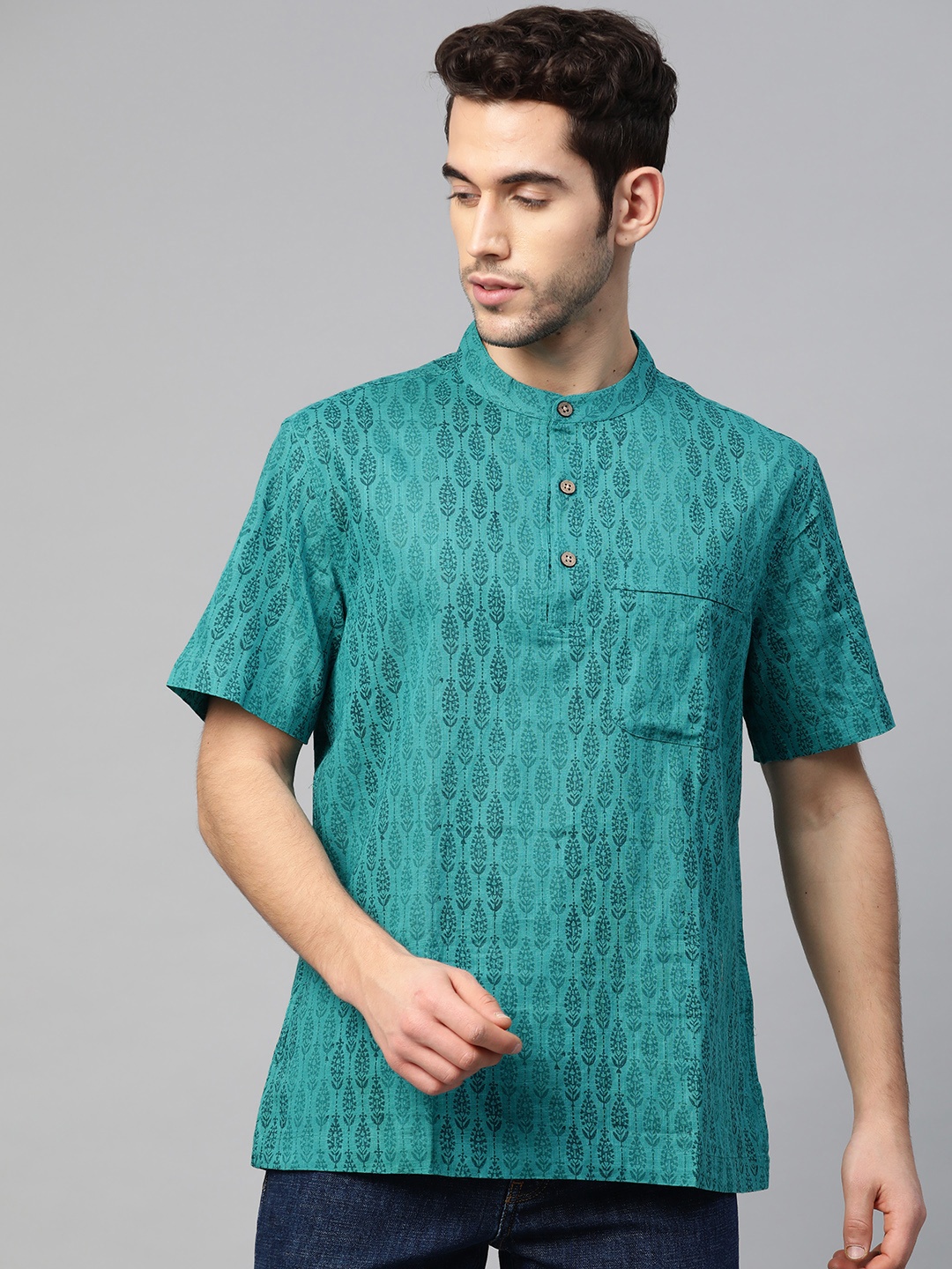 

Fabindia Men Teal Green Handblock Print Straight Kurta