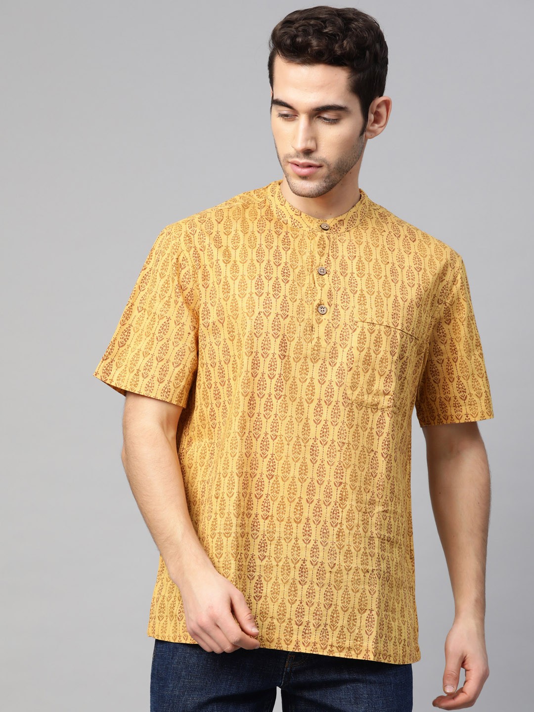 

Fabindia Men Mustard Yellow Handblock Print Straight Kurta