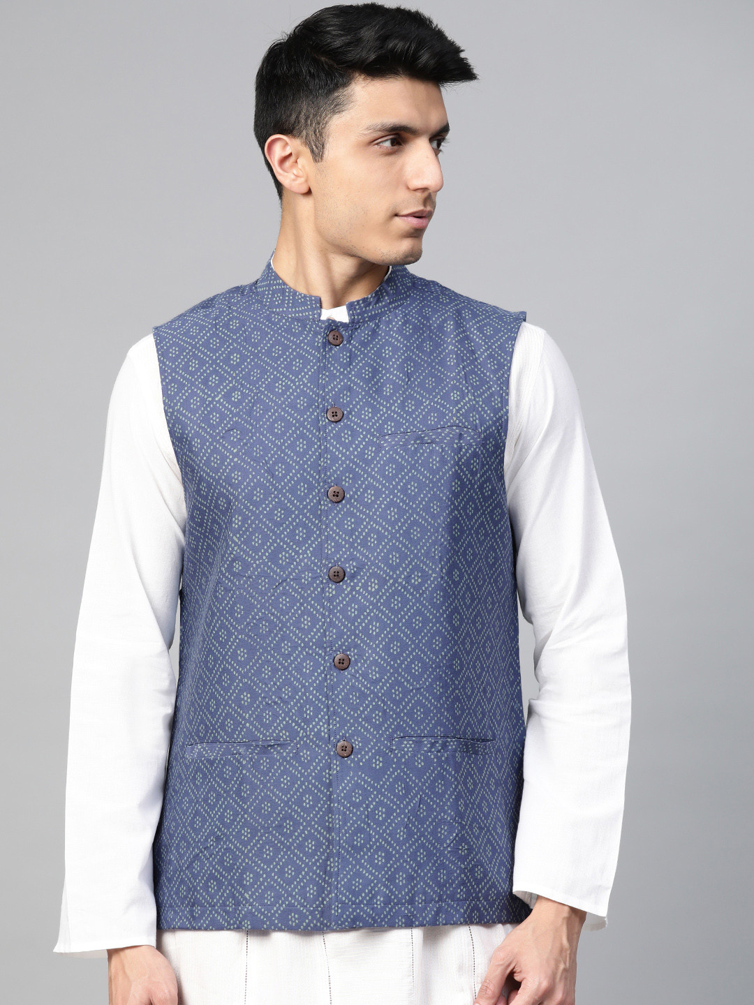

Fabindia Men Navy Blue & Green Printed Nehru Jacket