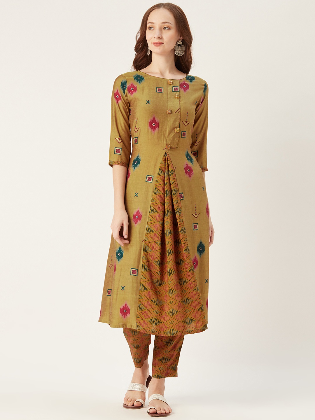 

shiloh Women Mustard Brown & Green Printed Kurta with Trousers