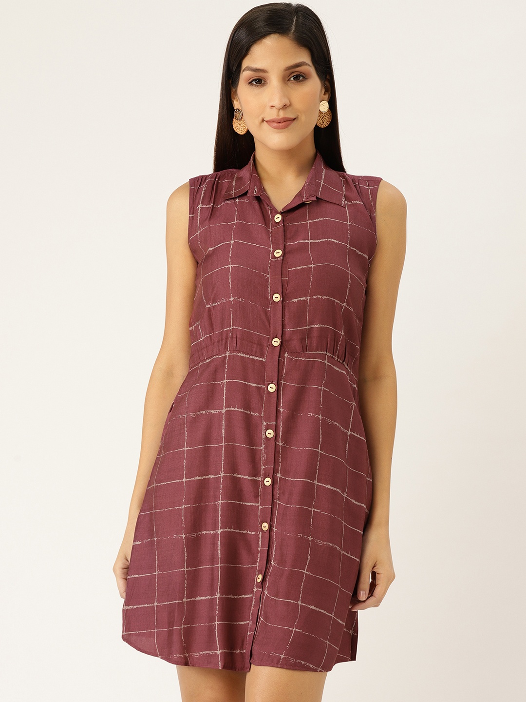 

shiloh Women Maroon & Grey Checked Shirt Dress