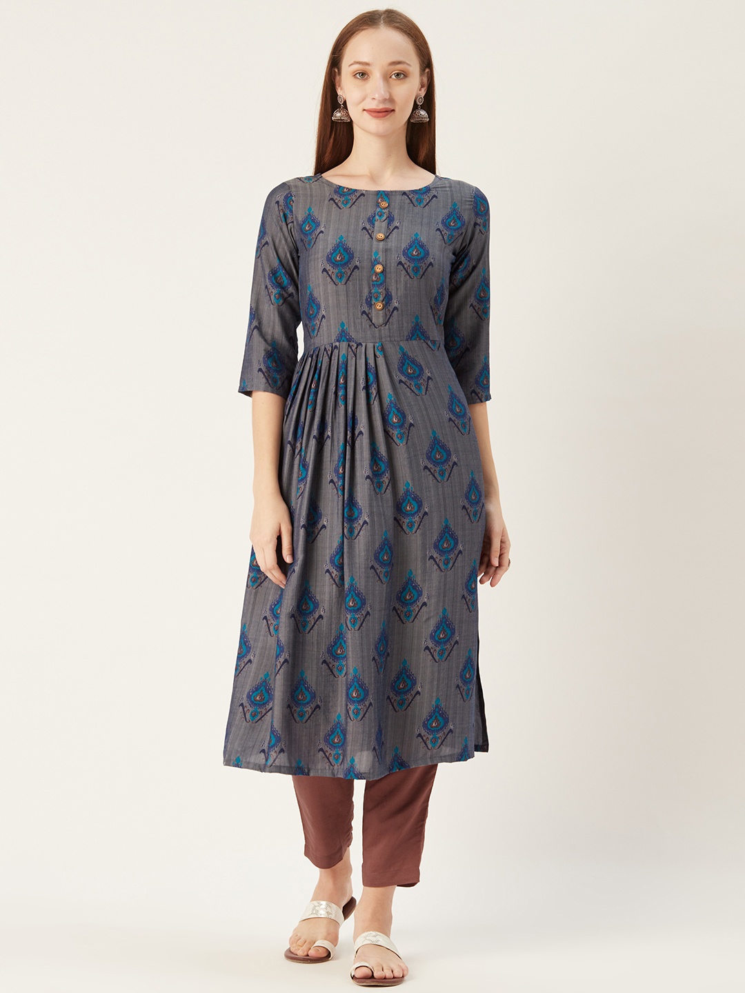 

shiloh Women Grey & Brown Printed Kurta with Trousers