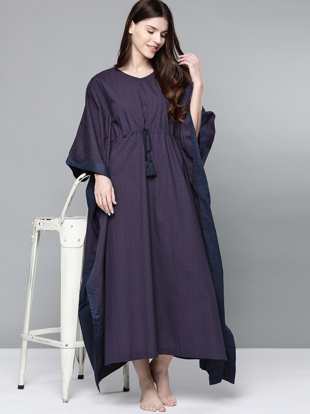 

HERE&NOW Navy Blue & Rust Orange Printed Kaftan Maxi Nightdress