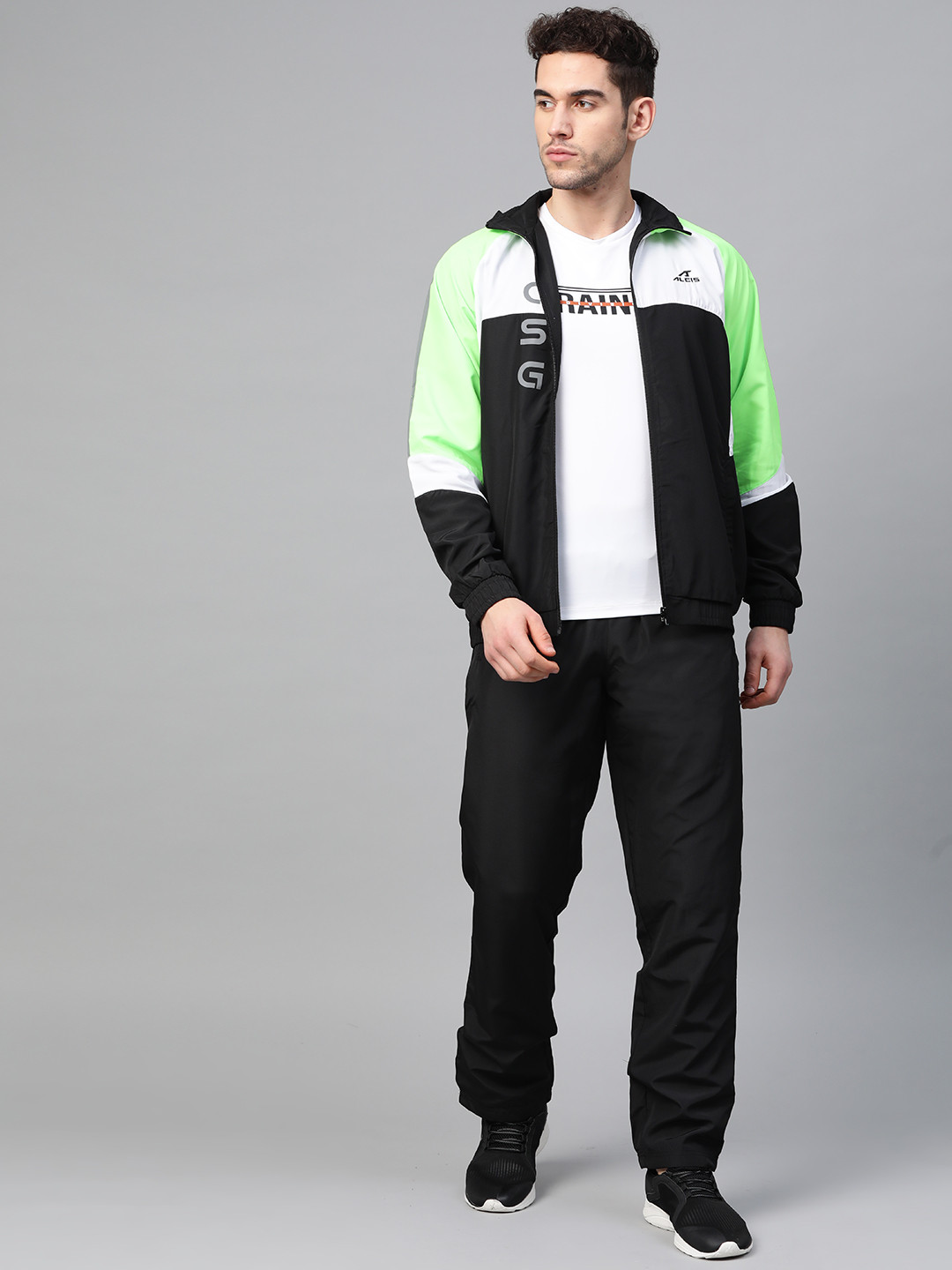 

Alcis Men Black & White Colourblocked Sports Tracksuit with Printed Detail