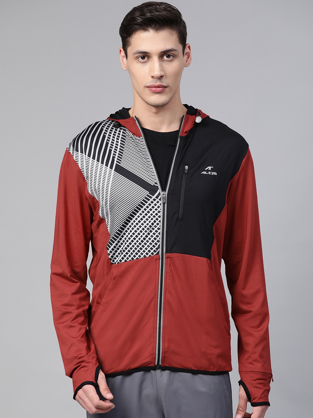 

Alcis Men Rust Red & Black Printed Hooded Training Jacket