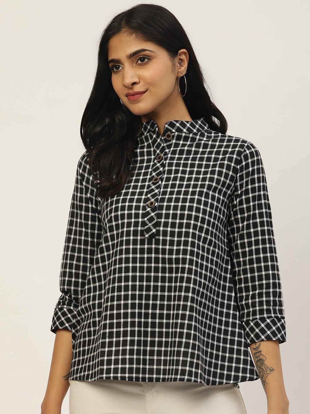 

Cottinfab Women Black Checked Pure Cotton Top