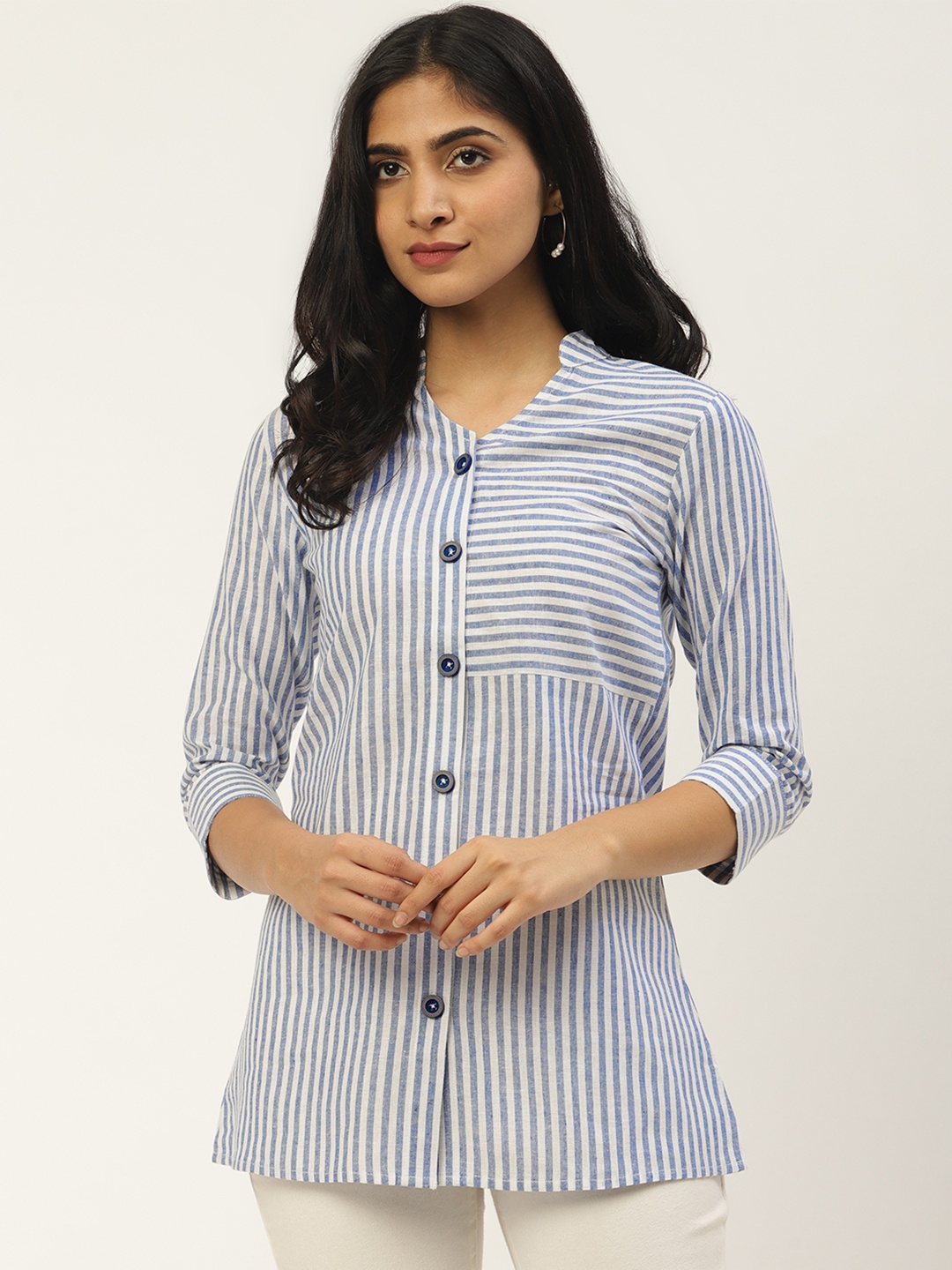 

Cottinfab Women Navy Blue & White Striped Longline Pure Cotton Top