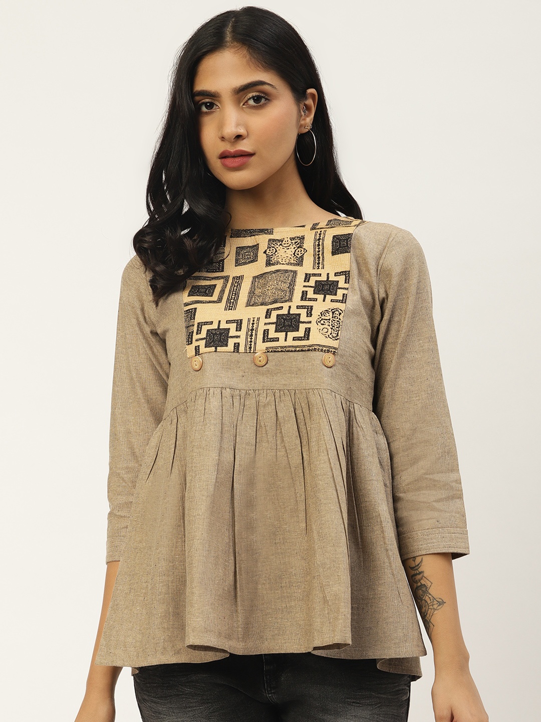 

Cottinfab Women Beige Printed Detail Empire Pure Cotton Top