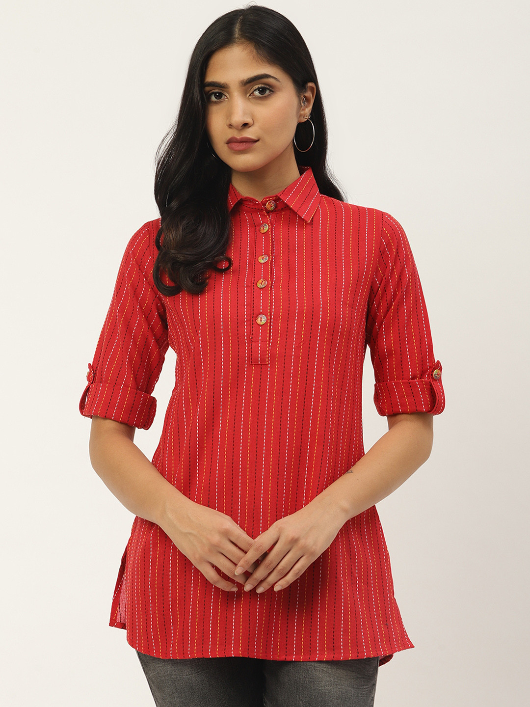

Cottinfab Women Red Striped Shirt Style Pure Cotton Top