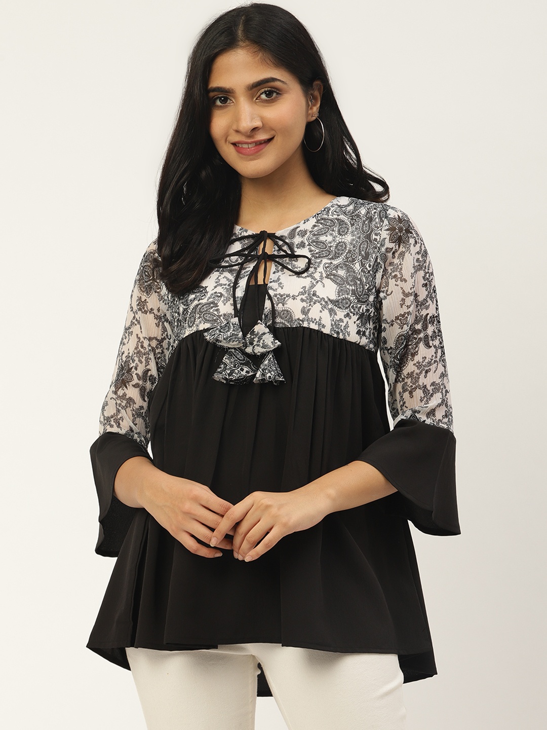 

Cottinfab Women Black & White Printed A-Line Top