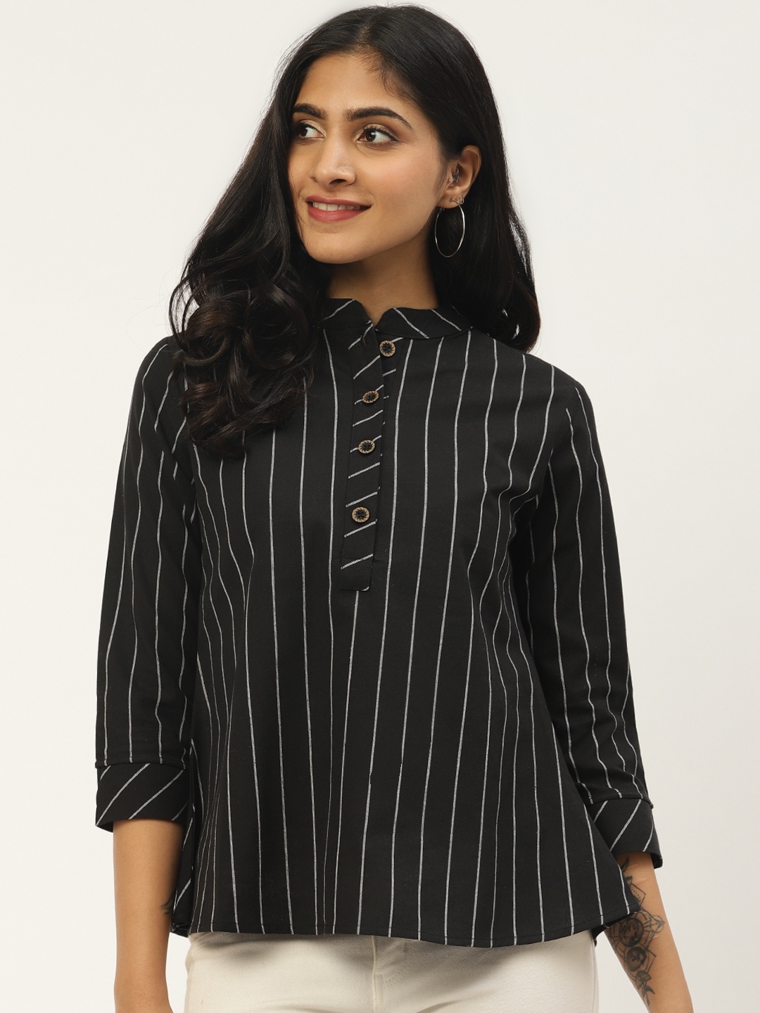 

Cottinfab Women Black & White Striped Shirt Style Pure Cotton Top