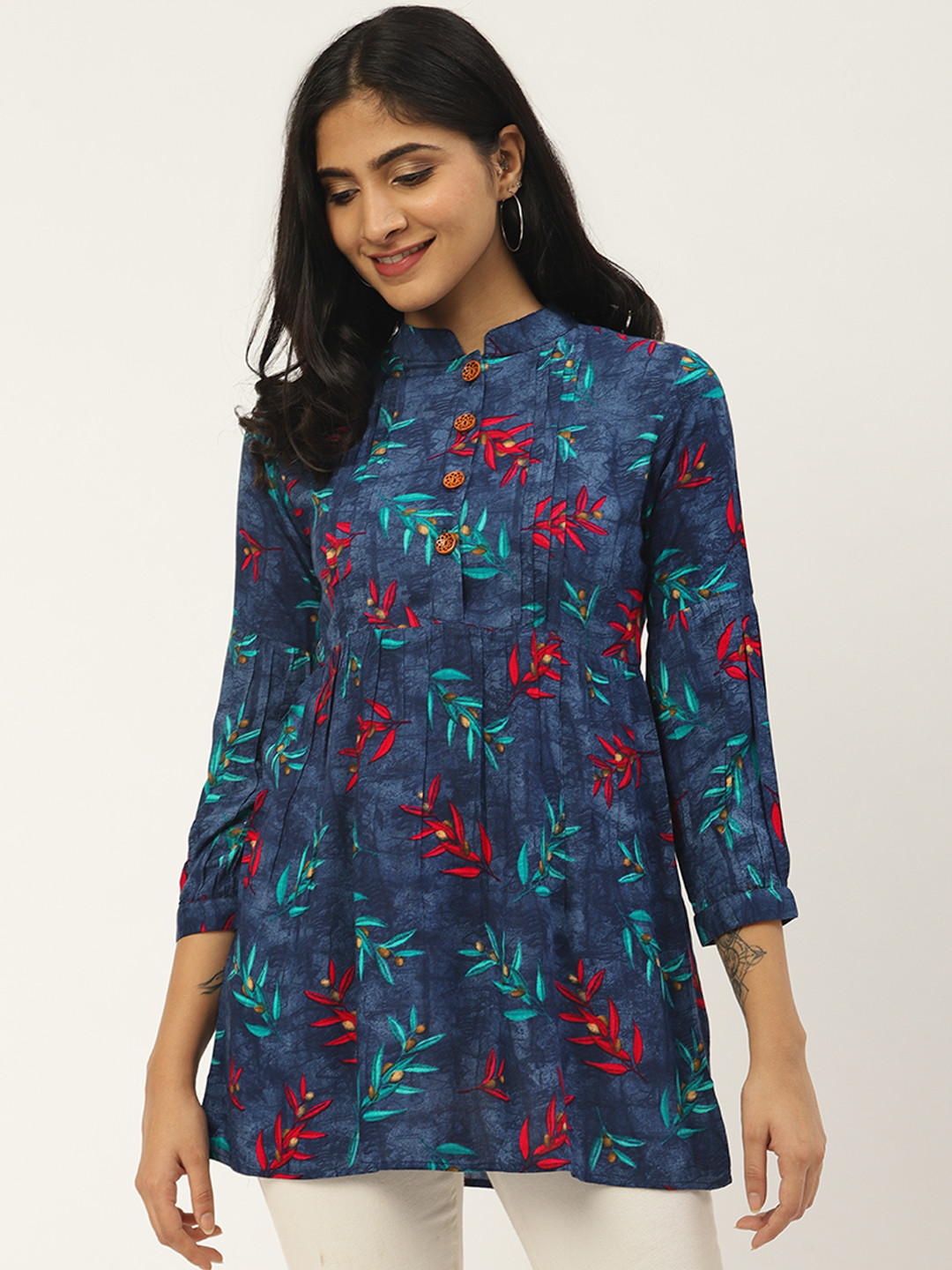 

Cottinfab Women Navy Blue & Pink Printed Empire Top
