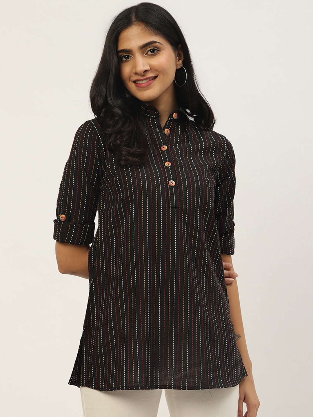 

Cottinfab Women Black & White Striped Tunic