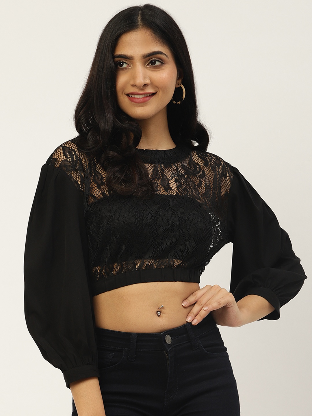 

Cottinfab Women Black Sheer Lace Crop Top