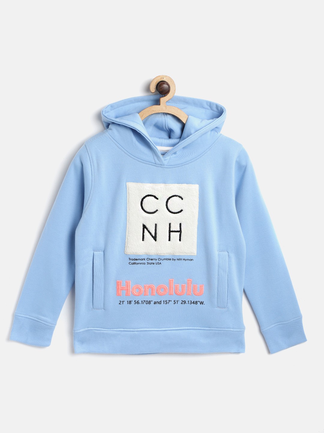 

Cherry Crumble Kids Blue & White Self Design Hooded Sweatshirt with Faux Fur Detail