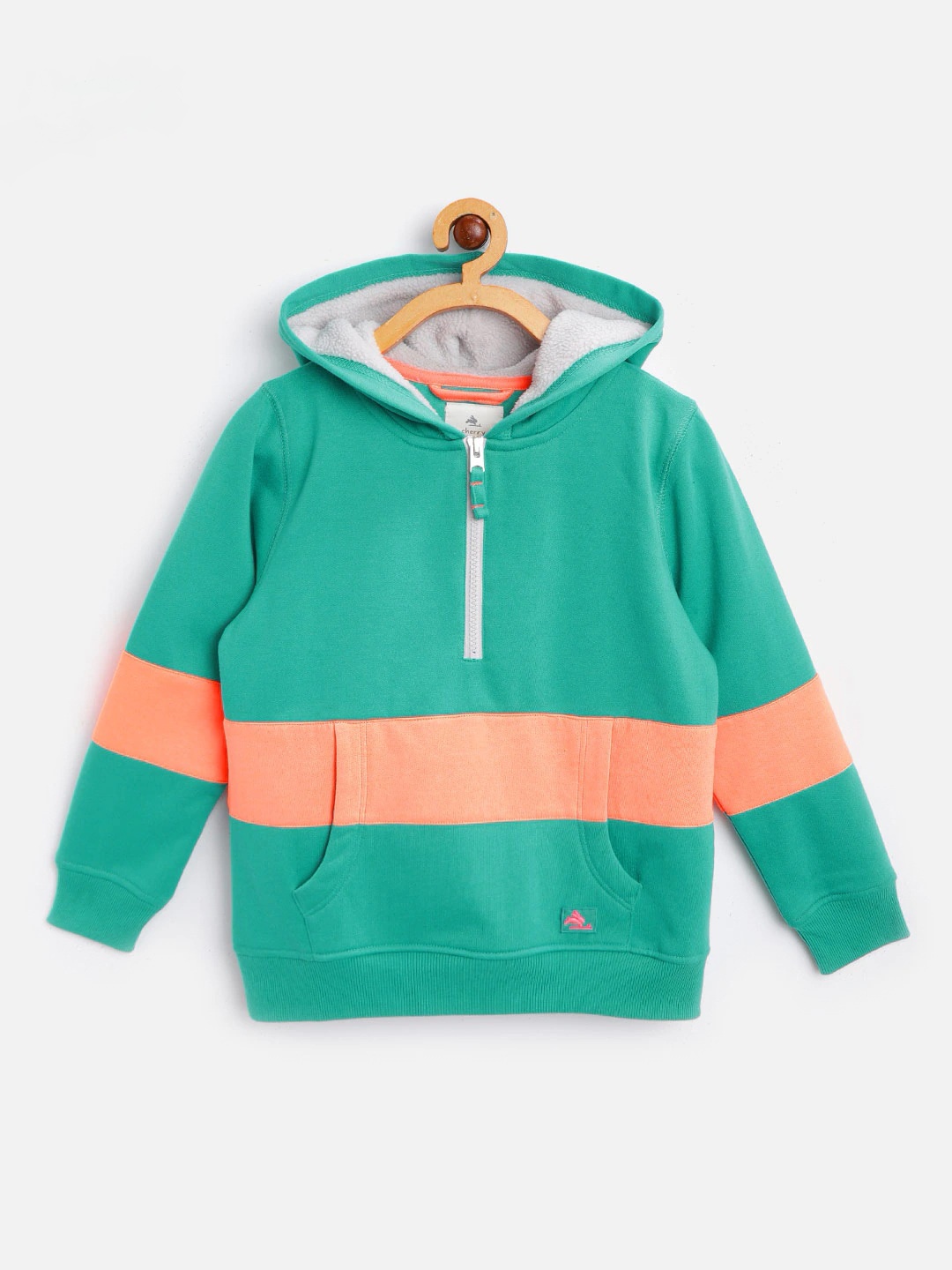 Cherry Crumble Boys Sea Green Coral Orange Colourblocked Hooded Sweatshirt