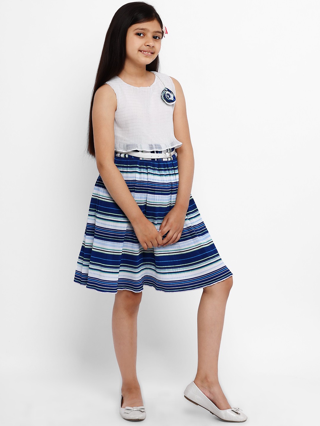 

Nauti Nati Girls Blue & White Striped Accordion Pleat Layered A-Line Dress With Belt
