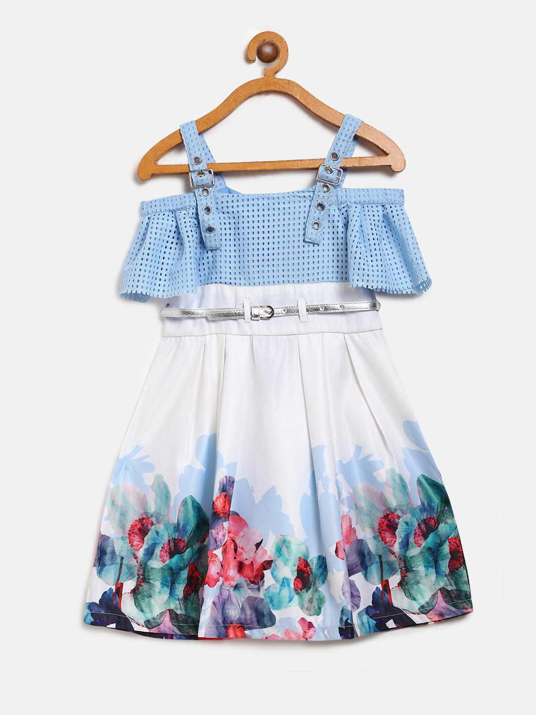 

Nauti Nati Girls White & Blue Floral Print A-Line Dress With Belt